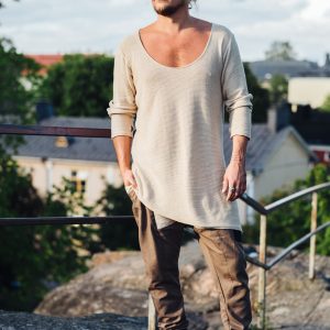 Oversized Knit Cotton Shirt: Deep V Neck Thumb