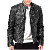 Cafe Racer Leather Jacket: Genuine Sheepskin Black Metal