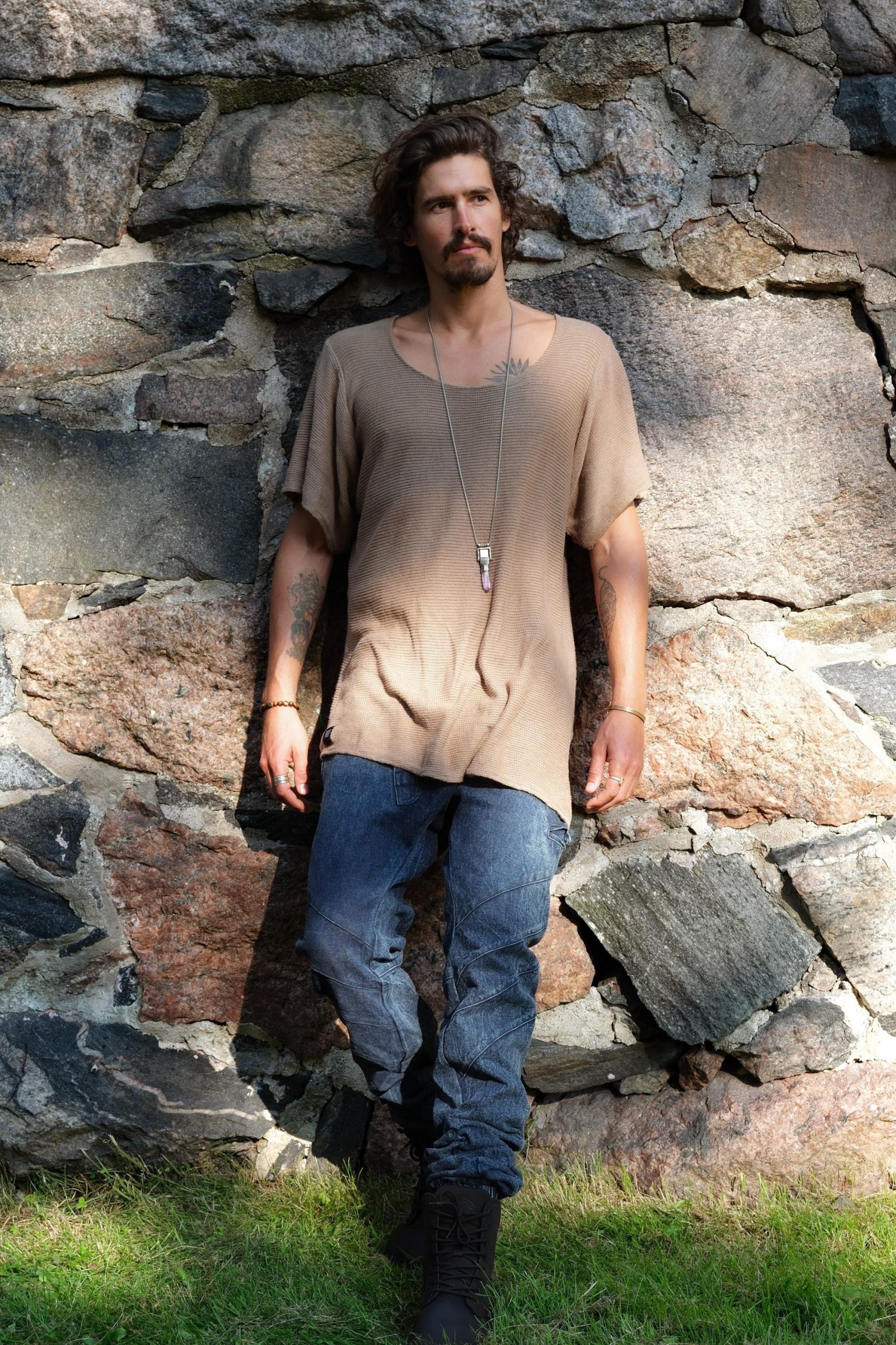 Hand Knit Cotton Tshirt Men: Bohemian Beach Shirt