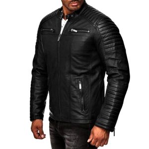 Men's Black Sheepskin Leather Cafe Racer Jacket Tn5bk